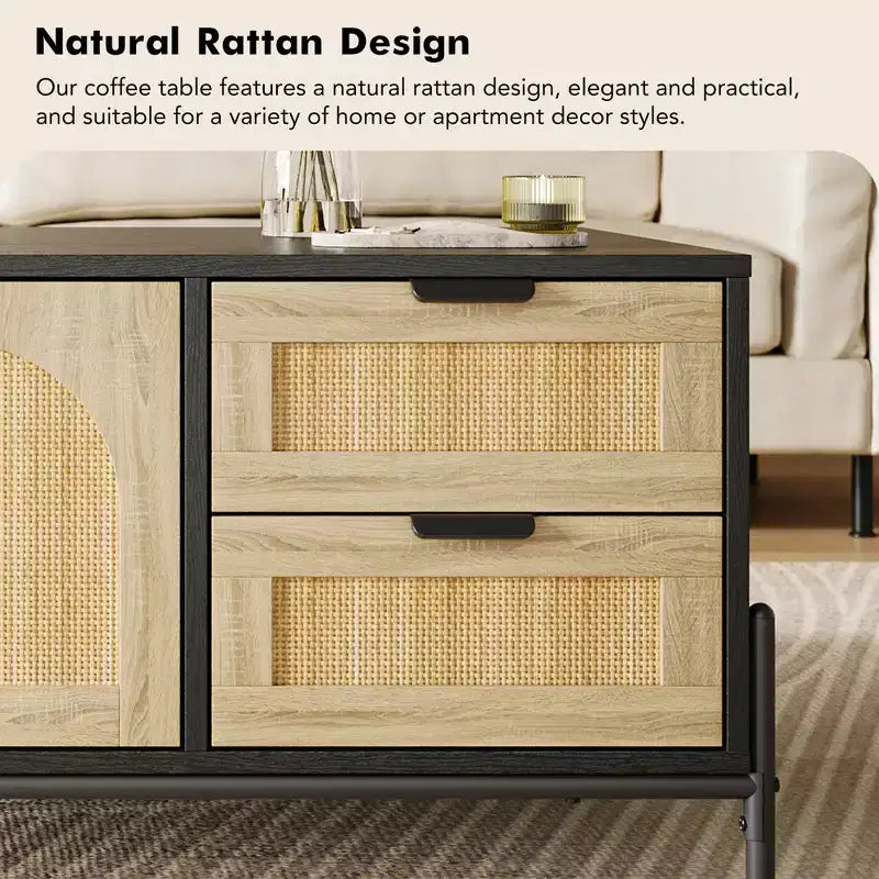 Tavolino da caffè in rattan con mobile contenitore a 2 cassetti, ripiano aperto per ufficio domestico,