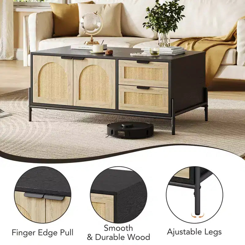 Tavolino da caffè in rattan con mobile contenitore a 2 cassetti, ripiano aperto per ufficio domestico,