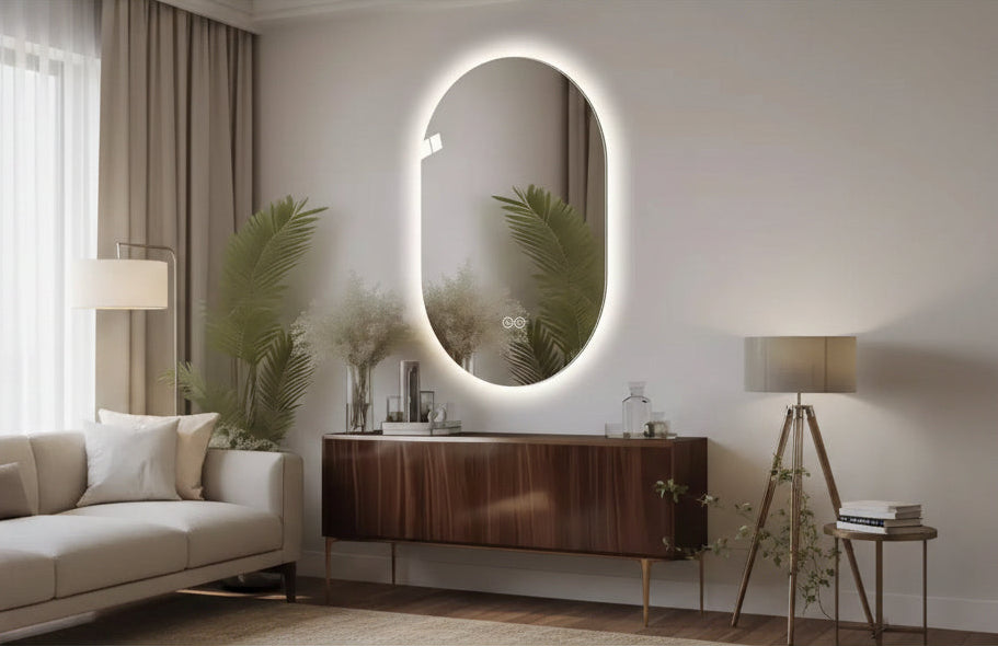 Specchio da bagno ovale moderno Lark 48 con LED anti-appannamento e modalità di illuminazione regolabili