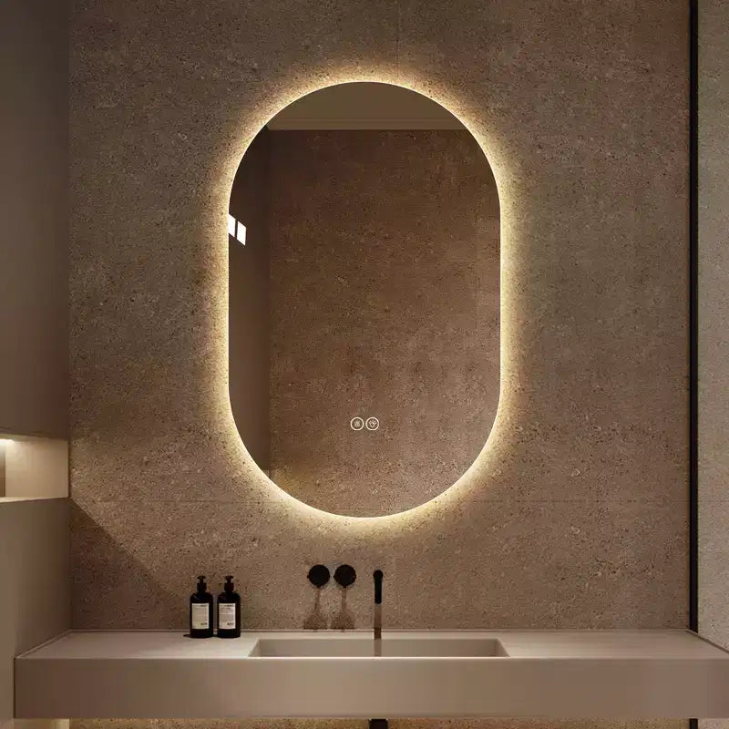 Specchio da bagno ovale moderno Lark 48 con LED anti-appannamento e modalità di illuminazione regolabili
