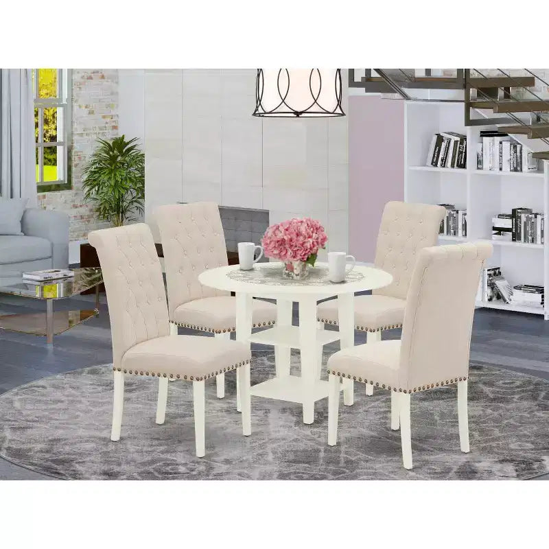 Set da pranzo rotondo con piano in legno massello e finitura bianco lino, con ante a ribalta, 4 posti a sedere