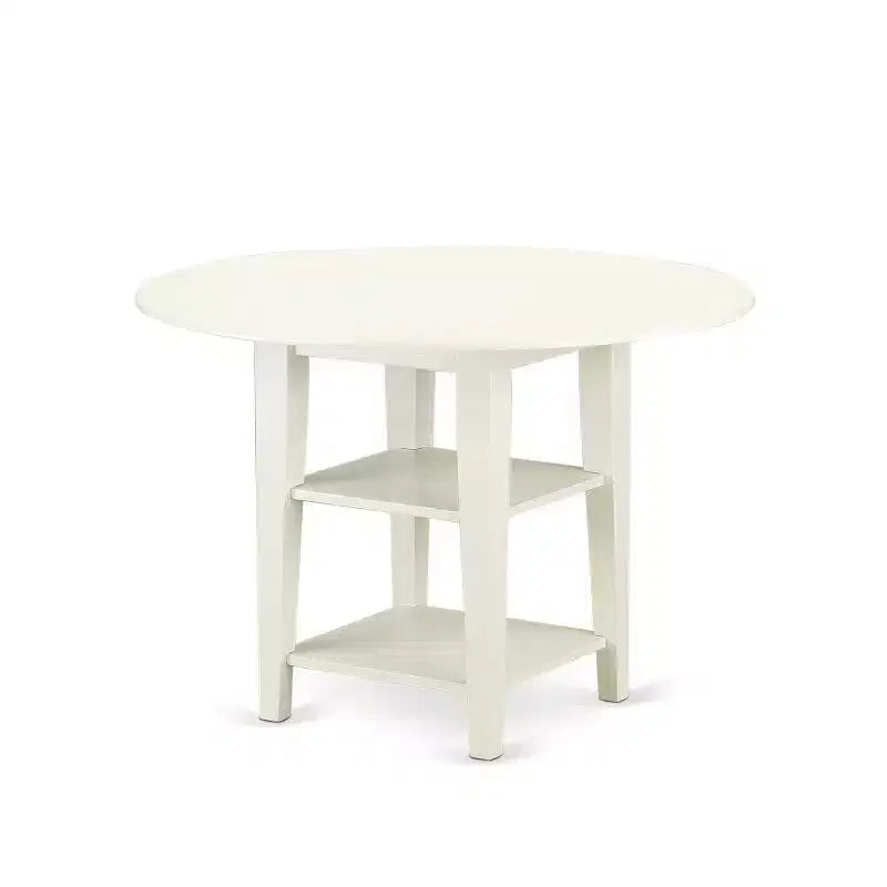 Set da pranzo rotondo con piano in legno massello e finitura bianco lino, con ante a ribalta, 4 posti a sedere