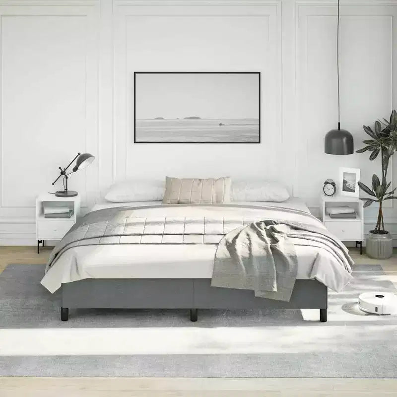 Struttura letto in tessuto di poliestere grigio scuro, compensato, legno composito, King