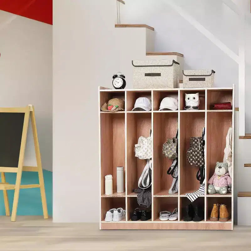 Guardaroba a 5 sezioni con ruote, armadietto in legno per riporre oggetti in aula con superficie smaltata, contenitore mobile, kit anti-ribaltamento, 5 ganci 10 scomparti