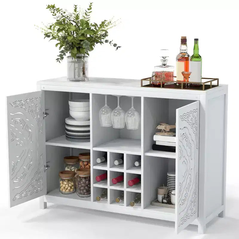 Mobile Bar con 2 Ante, Mobile Contenitore a Buffet in MDF per Liquori con Portabottiglie e Porta Bicchieri per Soggiorno, Sala da Pranzo, Cucina, Bianco
