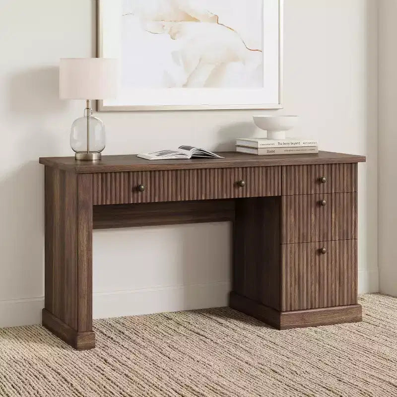 Scrivania direzionale moderna da 54'' con mobiletto contenitore e cassetto C marrone, scrivania scanalata per computer per ufficio, studio, soggiorno