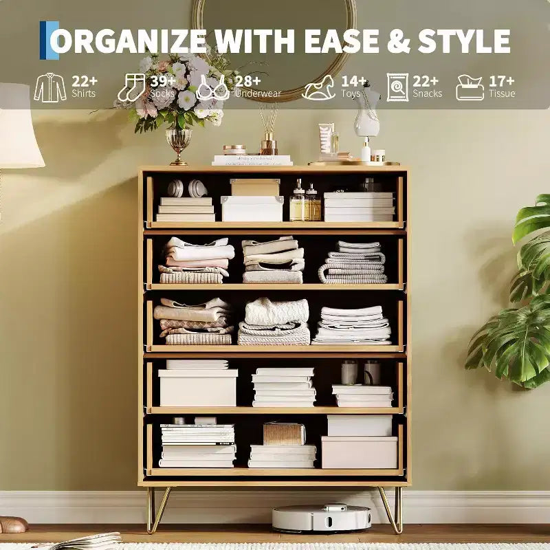 Cassettiera scanalata per camera da letto con 5 cassetti, cassettiera moderna in legno da 81 cm con maniglia in metallo, ampio mobile organizer per vestiti e supporto TV