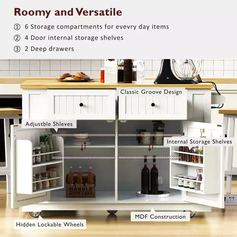 Isola da Cucina con Contenitori,Carrelli da Cucina con Ruote con Anta a Ribalta,Presa Elettrica,Ripiani,Cassetti e Ruote Bloccabili Bianco Stanza