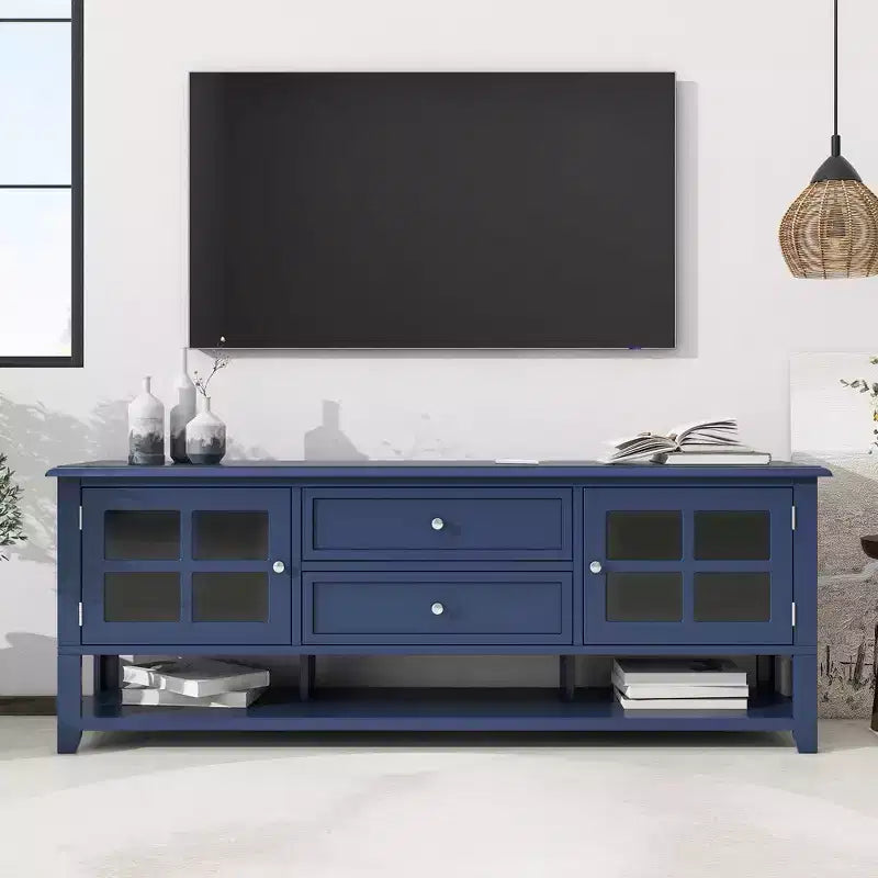 Mobile TV JVNOXK Mid-Century con 2 ante in vetro e 2 cassetti, mobile porta TV minimalista per televisori fino a 60", console robusta per soggiorno e camera da letto