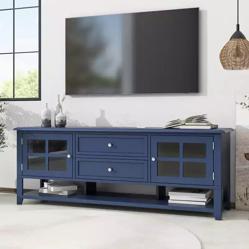 Mobile TV JVNOXK Mid-Century con 2 ante in vetro e 2 cassetti, mobile porta TV minimalista per televisori fino a 60", console robusta per soggiorno e camera da letto