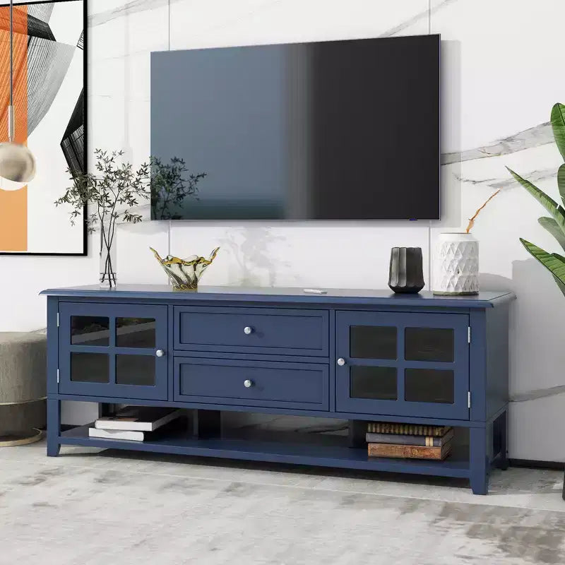 Mobile TV JVNOXK Mid-Century con 2 ante in vetro e 2 cassetti, mobile porta TV minimalista per televisori fino a 60", console robusta per soggiorno e camera da letto
