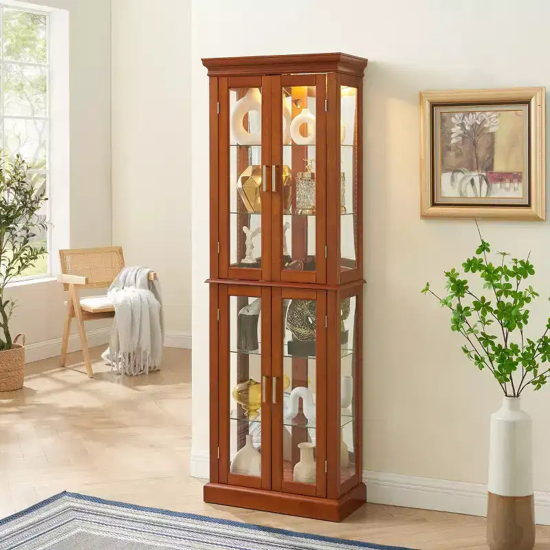 Vetrina angolare illuminata 70, 6 ripiani regolabili in vetro, espositore in legno composito per soggiorno, vetrina alta